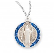 St. Benedict Round Blue Enameled Sterling Silver Medal - 18" Chain - Boxed - Necklace