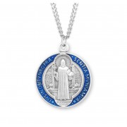 Sterling Silver (26mm) Blue Enameled St. Benedict Medal-24" Chain - Boxed - Necklace