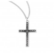 Engraved Leaf Design Sterling Silver Cross - Necklace