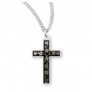 Sterling Silver Cross with a Flower, Leaf & Vine Design Under Black Enamel - 18" Chain - Boxed - Necklace