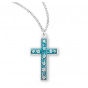 Sterling Silver Cross with a Flower, Leaf & Vine Design Under Light Blue Enamel - 18" Chain - Boxed - Necklace
