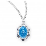 Sterling Silver Blue Enameled Oval Fancy Edge Miraculous Medal - Necklace
