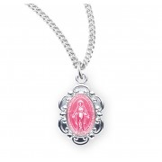 Sterling Silver Pink Enameled Oval Fancy Edge Miraculous Medal
