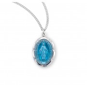 Sterling Silver Medal Blue Enam Oval Scalloped Edge Miraculous 18" Chain - Boxed - Necklace
