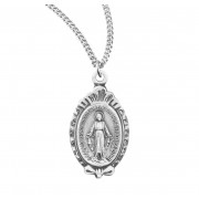 Sterling Silver 15/16" Miraculous Medal w/Fancy Scroll Border - 18" Chain - Boxed - Necklace