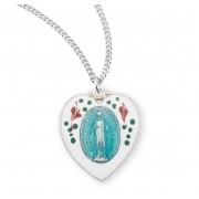 Sterling Silver Blue Enameled 13/16" Heart Shaped Miraculous Medal with Flowers w/18" Chain - Boxed - Necklace