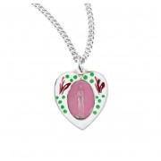 Sterling Silver Pink Enameled 13/16" Heart Shaped Miraculous Medal with Flowers w/18" Chain - Boxed