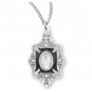 Sterling Silver Fancy Edged Black Enameled Miraculous Medal w/18" Chain - Boxed - Necklace