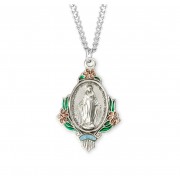 Sterling Silver 33mm Miraculous Medal W/Pink Epoxy Flowers - 24" Chain - Boxed