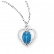Sterling Silver Tiny Pierced Blue Miraculous Heart Medal 13" Chain - Boxed - Necklace Sterling Silver Tiny Pierced Blue Miraculous Heart Medal 13" Chain - Boxed - Necklace