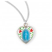 Sterling Silver Blue Enameled Miraculous Heart w/Flowers 13" Chain - Boxed - Necklace