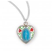 Sterling Silver Flower Enameled Heart Shaped Miraculous Medal - Necklace