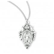 Sterling Silver Miraculous Medal with Fancy Leaf Swirled Top Border, 7/8" on 18" Chain - Boxed - Necklace