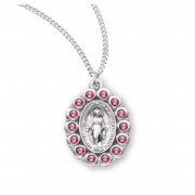 Sterling Silver Oval Miraculous w/Pink Stones - 18" Chain - Boxed