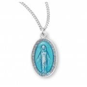 Sterling Silver Oval Blue Enameled Miraculous Medal - Necklace