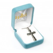 Sterling Silver High Polished 1-1/4" Cross within Cross wtih Decorated Border Designs on 18" Chain - Boxed - Necklace