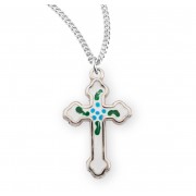 Sterling Silver Budded Latin Style Enameled Cross - Necklace