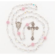 7mm Crystal Finest Sterling Silver Rosary w/8mm Pink Murano Flower Our Father Beads/Boxed