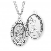 Sterling Silver Oval St Christopher Baseball Medal - 24" Chain - Boxed - Necklace