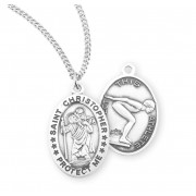 Sterling Silver Oval St Christopher Women's Swim Medal 18" Chain - Boxed - Necklace