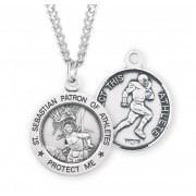 Sterling Silver Round St Sebastian Football Medal 24" Chain - Boxed - Necklace