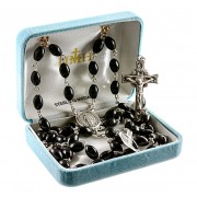 Black Oval Cocoa Bead Sterling Silver Rosary - Boxed