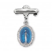 Sterling Silver Blue Small Miraculous medal w/Bar Pin - Boxed