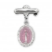 Sterling Silver Pink Small Miraculous medal w/Bar Pin - Boxed