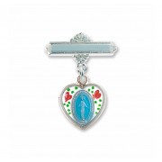 Sterling Silver Blue Enameled Heart Shaped Miraculous w/Flowers, w/Bar Pin - Boxed