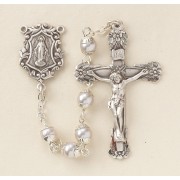 5mm White Imitation Pearl Capped Rosary w/Sterling Silver Ctr & Crucfix - Boxed