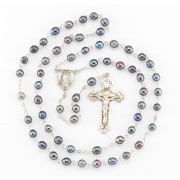 8mm Black Fresh Water Pearl Rosary w/ Sterling Silver Ctr & Crucfix - Boxed