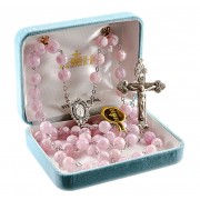 8mm Pink Venetian Glass Flower Rosary from Italy w/Sterling Silver Ctr & Crucfix - Boxed