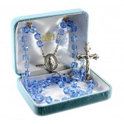 7mm Cube Light Sapphire Rosary w/Sterling Silver Ctr & Crucfix - Boxed