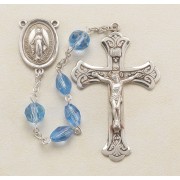 6 x 9mm Light Sapphire Multi-Faceted Oval Tin Cut Crystal Rosary with 8mm Faceted O.F. Beads w/Sterling Silver Ctr/Crucfix - Boxed