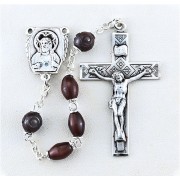 5mm Maroon Carved Cocoa Rosary w/Sterling Silver Ctr & Crucfix - Boxed