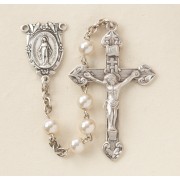 5mm Imitation Pearl Rosary w/Sterling Silver Ctr & Crucfix - Boxed