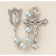 8mm Light Blue Imitation Pearl Capped Rosary w/Sterling Silver Ctr & Crucfix - Boxed