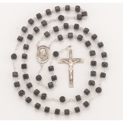 8mm Black Cube Cocoa Bead Rosary w/Sterling Silver Ctr & Crucfix - Boxed