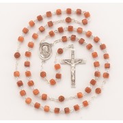 8mm Brown Cube Cocoa Bead Rosary w/Sterling Silver Ctr & Crucfix - Boxed