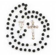6mm Black Round Wood Rosary w/Sterling Silver Ctr & Crucfix - Boxed