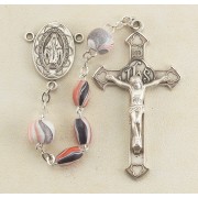 Oval Pink Swirl Rosary w/Round O.F. Beads w/Sterling Silver Ctr & Crucfix - Boxed