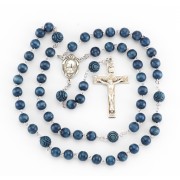 6mm Blue Wood Rosary w/Sterling Silver Ctr & Crucfix - Boxed