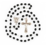 6 x 9mm Black Oval Wood Rosary w/Sterling Silver Ctr & Crucfix - Boxed