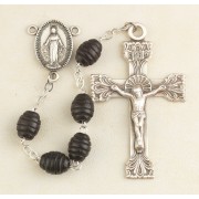 7 x 9 mm Black Oval Carved "Beehive" Boxwood Rosary w/Sterling Silver Ctr & Crucfix - Boxed