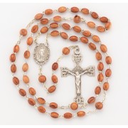 8 X 6mm Brown Oval Genuine Rosewood Bead Rosary w/Sterling Silver Ctr & Crucfix - Boxed