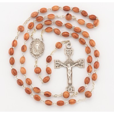 8 X 6mm Brown Oval Genuine Rosewood Bead Rosary w/Sterling Silver Ctr & Crucfix - Boxed