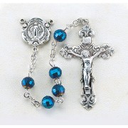 6mm Metallic Blue Multi-Faceted Tin Cut Crystal Rosary w/Sterling Silver Ctr & Crucfix - Boxed