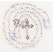7mm Finest Crystal Rosary with 8mm Blue Glass Flower O.F. Beads, w/Sterling Silver Ctr & Crucfix - Boxed