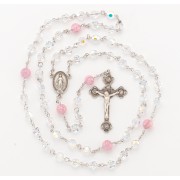 7mm Finest Czech Crystal (AB) Rosary w/8mm Pink Glass Flower O.F. Beads, w/Sterling Silver Ctr & Crucfix - Boxed