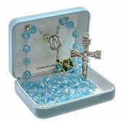 8mm Mulit-Color Aqua Round Cut Rosary w/Sterling Ctr & Crucfix - Boxed